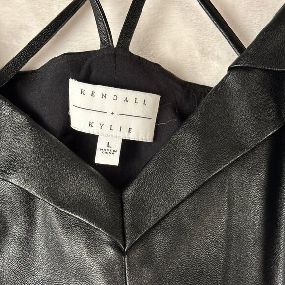 Kendall + Kylie Black Faux Leather Mini Dress L Strappy Back Fit & Flare Whimsy - Picture 4 of 13